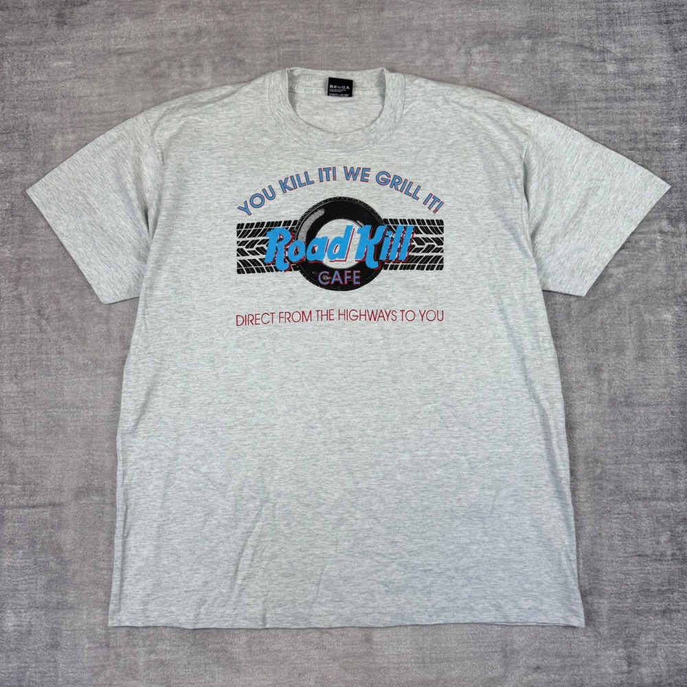 Road Kill Cafe Shirt Mens XL Grey Hardrock Parody Vintage 90s USA Single Stitch